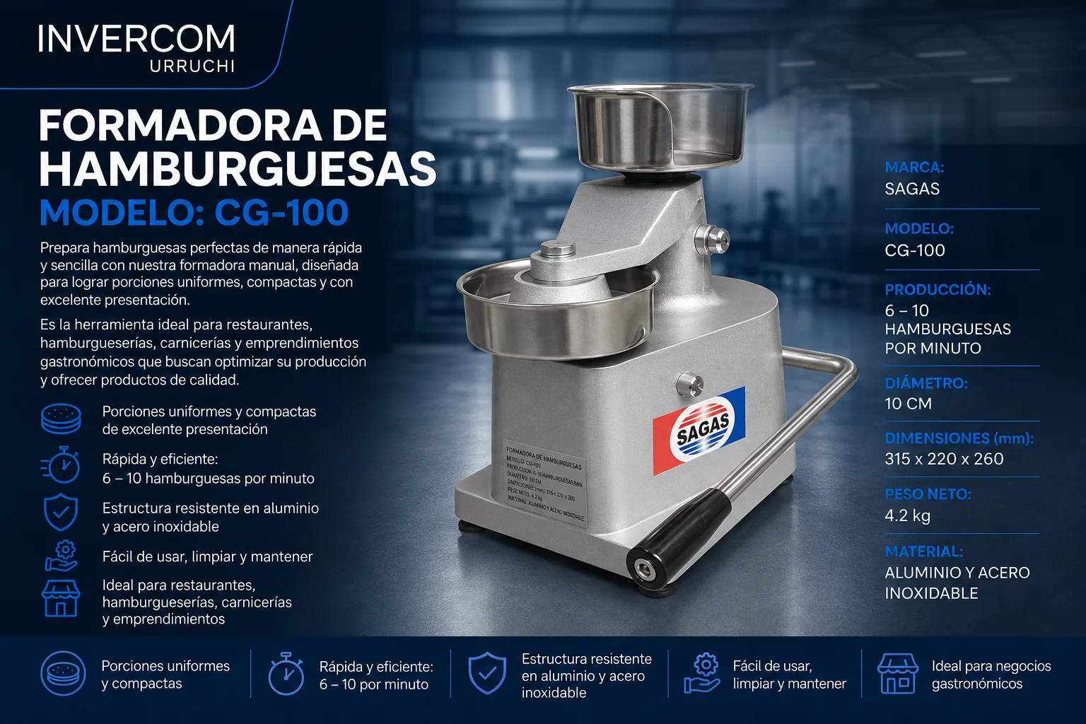 Formadora de hamburguesas Sagas CG-100